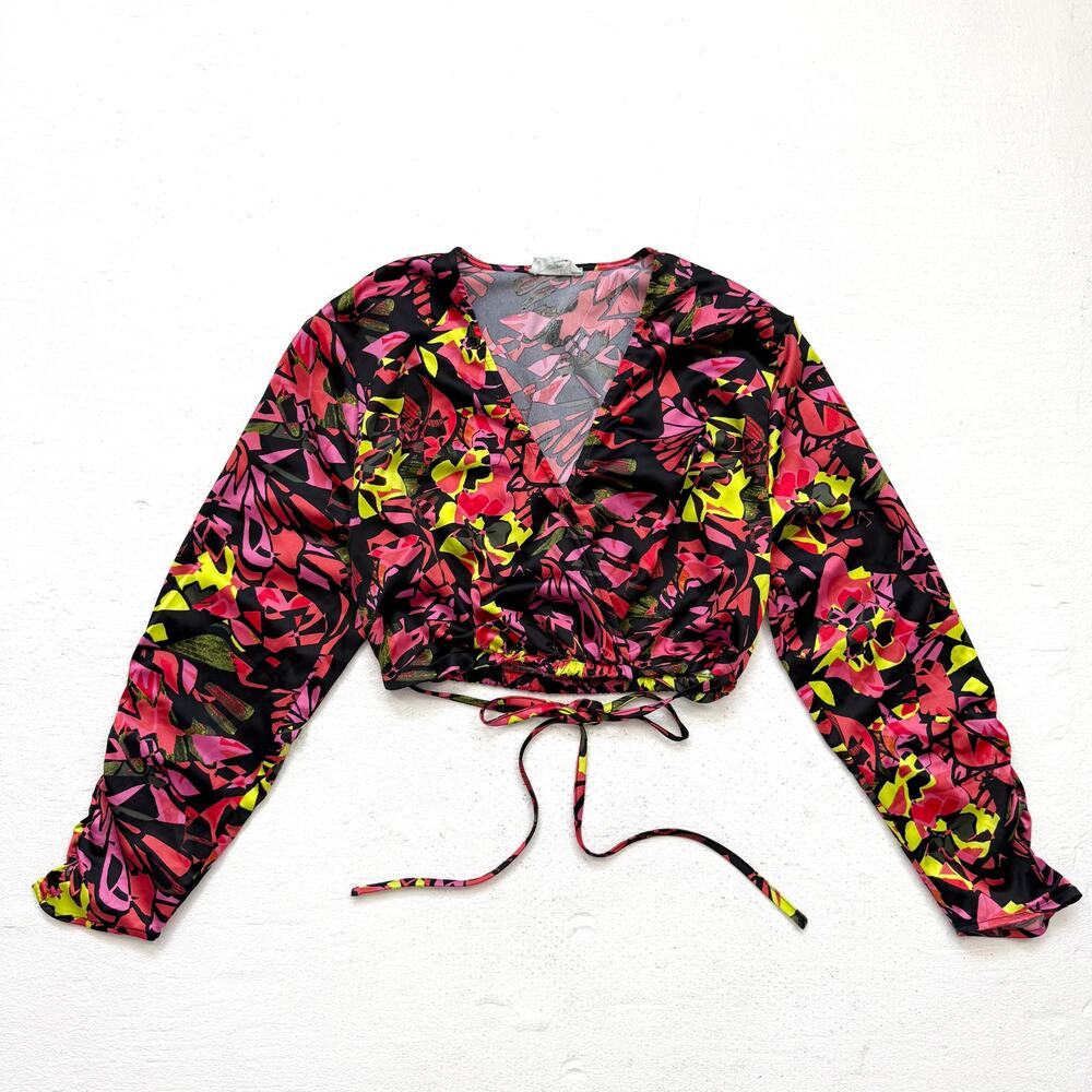 Open Edit Satin Floral Wrap Style Crop Top XS Long Sleeve Back Tie Elastic Waist